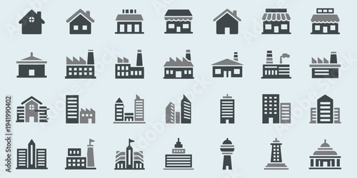 Collection of various building icons in different architectural styles and sizes