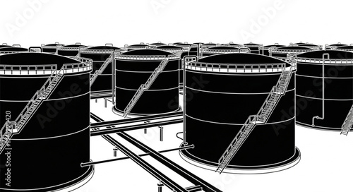 Industrial storage tanks with metal ladders and catwalks.