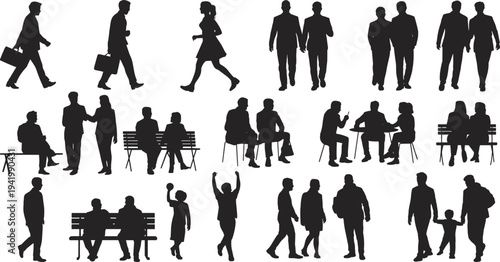 People silhouettes collection, walking sitting talking business and family persons lifestyle poses isolated black vector illustration set