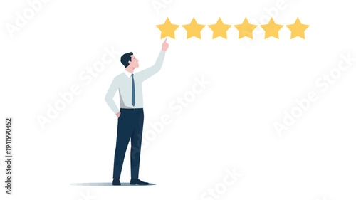 A man in business attire pointing at five gold stars, representing a high rating or excellent review, vector illustration