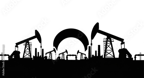 Oil rigs and pumpjacks in an oil field landscape.