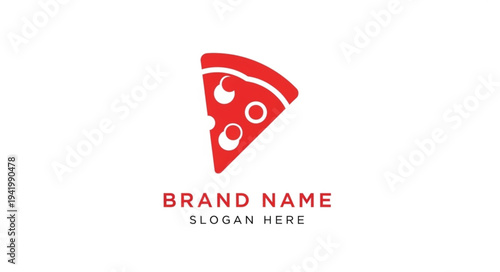 Red Pizza Slice Logo Template with Brand Name and Slogan Placeholder.