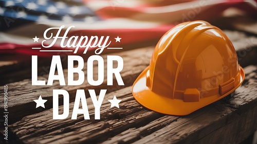 Wallpaper Mural Orange construction hard hat on rustic wood planks with blurred american flag and 'happy labor day' text Torontodigital.ca
