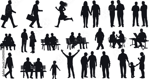 People silhouettes collection, walking sitting talking family and business persons activity poses isolated black vector illustration set