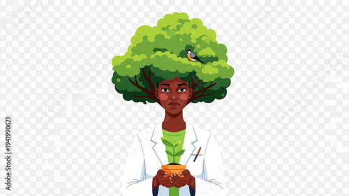 Female scientist with tree head holding laboratory flask in white lab coat green background illustration
