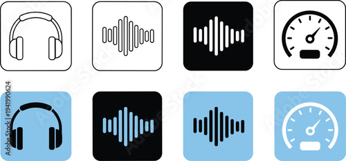 Modern audio equipment icons featuring headphones sound waves and volume meters for music production technology apps and podcasting interfaces.