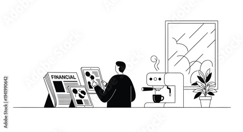 Businessman working with financial data and robot assistant vector