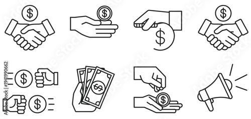 Money Transaction and Business Handshake Icon Set Featuring Payments, Cash Exchange, Megaphone, and Financial Symbols Isolated for Business, Finance, Banking, and Economic Vector Illustration