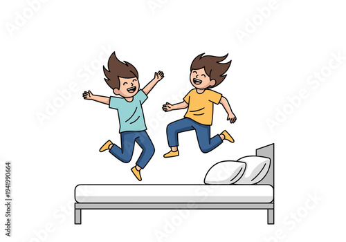 Siblings jumping on bed having fun at home illustration
