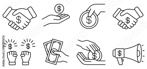 Money Transaction and Business Handshake Icon Set Featuring Payments, Cash Exchange, Megaphone, and Financial Symbols Isolated for Business, Finance, Banking, and Economic Vector Illustration