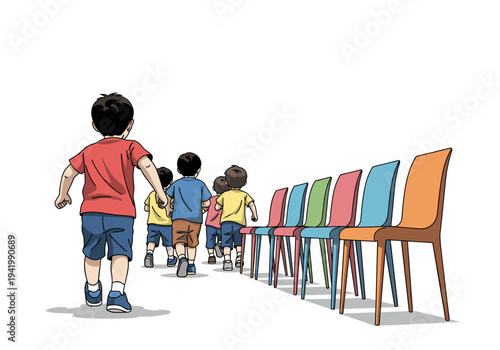Children walking toward colorful chairs in classroom illustration