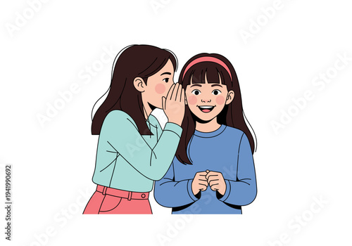 Girl whispering secret to friend against light background illustration