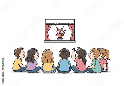 Kids watching puppet show in small theater illustration
