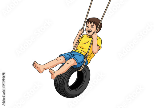 Boy swinging on tire swing against light background illustration