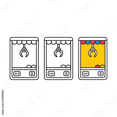 Illustration of three claw arcade machines in varying stages of colorization