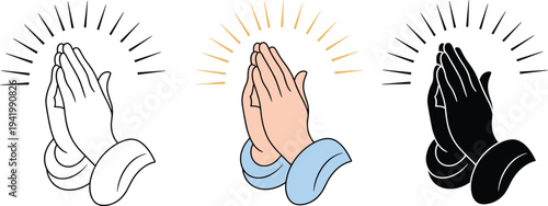 Praying hands illustration set, religious prayer gesture with holy light rays spiritual faith symbol vector design