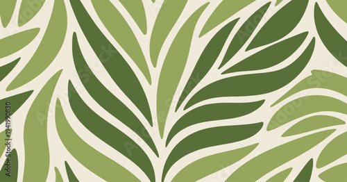 Abstract organic leaf pattern in shades of green and cream seamless background