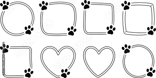 A charming collection of black paw print frames in various shapes including circles and hearts