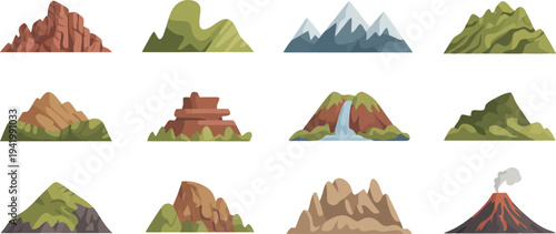 A charming collection of various cartoon style mountains and volcanoes in a natural landscape setting