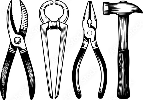 Black and White of Assorted Hand Tools a White Background hammer pliers