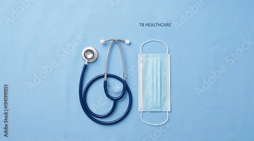 Stethoscope and medical mask on blue surface representing Tuberculosis  