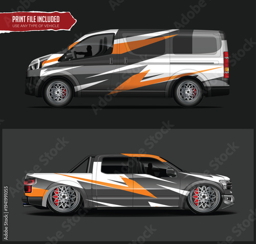 Custom vehicle design with orange and gray stripes on a white background