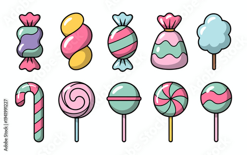 Collection of colorful wrapped candies lollipops and cotton candy white background