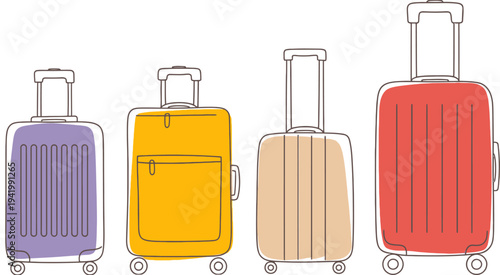 Colorful rolling suitcases in a row with handles extended a white background luggage