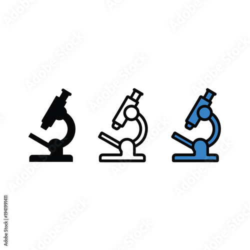 Three microscope illustrations in varying styles outline line and solid color