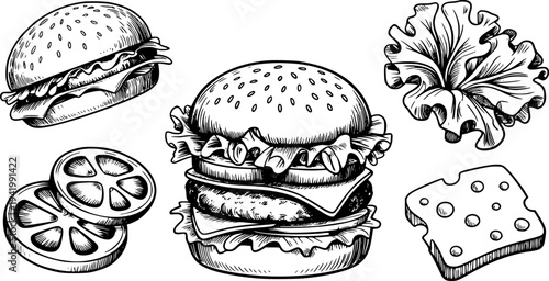 Hand drawn black and white of a classic hamburger with lettuce tomato and cheese slices