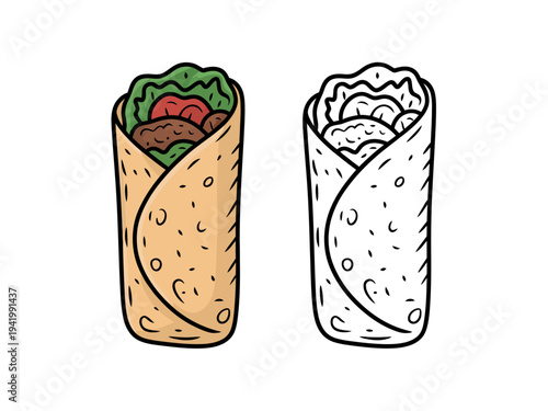 Hand drawn colorful and outline burrito with lettuce tomato and meat filling food