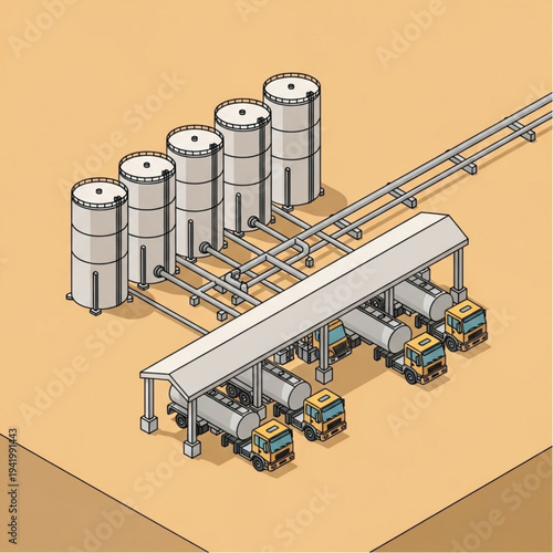 Industrial facility with storage tanks and tanker trucks loading.