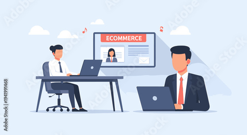 Two businessmen working on laptops with an e-commerce screen in the background.