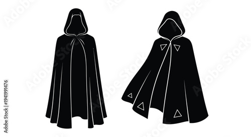 Two figures in hooded cloaks a striking black graphic silhouette