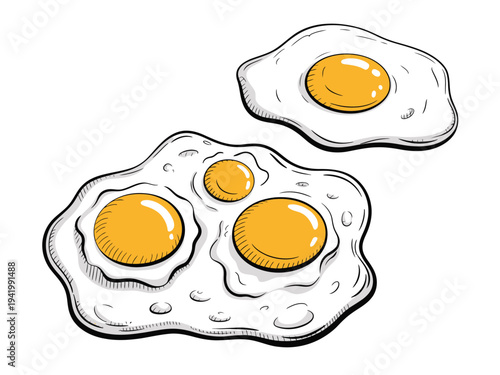 Hand drawn fried eggs with yellow yolks and white whites a white background food
