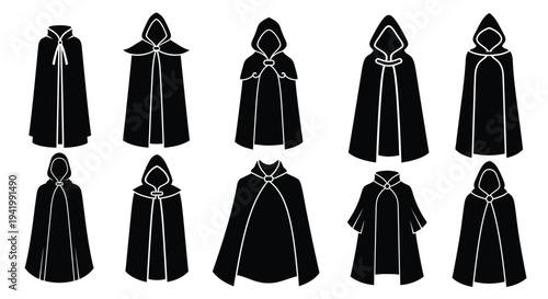 Variety of hooded cloak designs presented as a striking silhouette