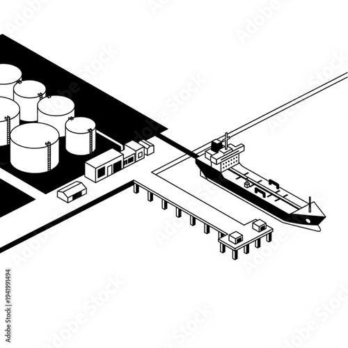 Industrial dock with cargo ship and storage tanks.