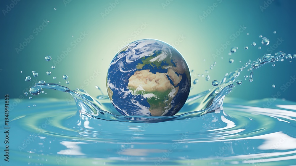 custom made wallpaper toronto digital3D earth planet splashing in water, concept of water conservation