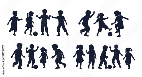 Group of children playing with balls in a dark silhouette