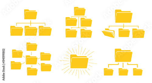 Yellow folder hierarchy illustration with branching structures a digital silhouette