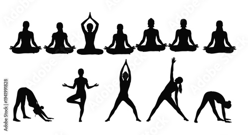 Diverse yoga poses depicted in a minimalist black silhouette