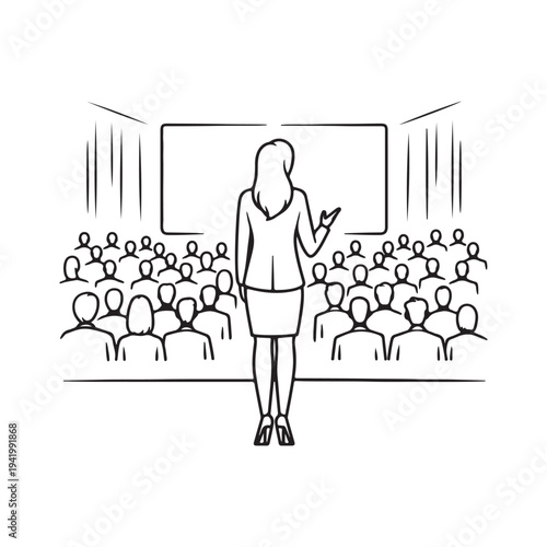 Businesswoman presenting on stage with empty screen background and audience silhouettes hand drawn doodle style vector engraving