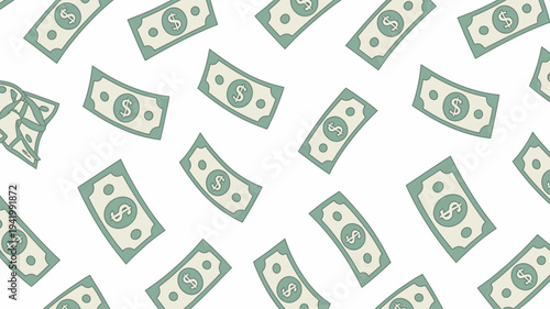 Repeating pattern of light green and beige dollar bills with dollar signs falling against a white background