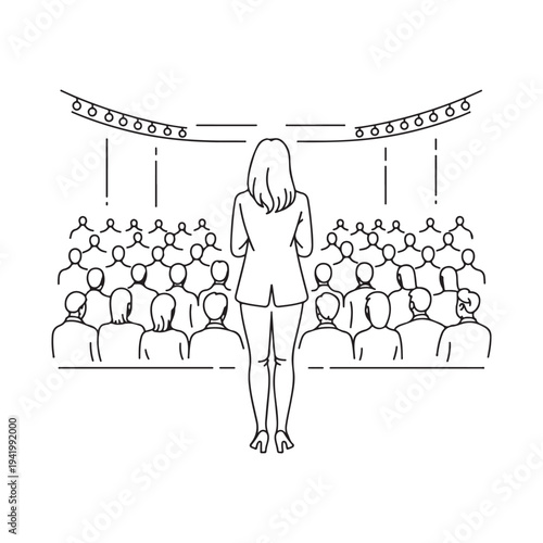 Female expert delivering lecture to crowded auditorium with stage lighting fixtures hand drawn black and white vector illustration