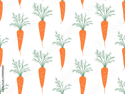 Seamless pattern of orange carrots with green leafy tops a white background vegetable