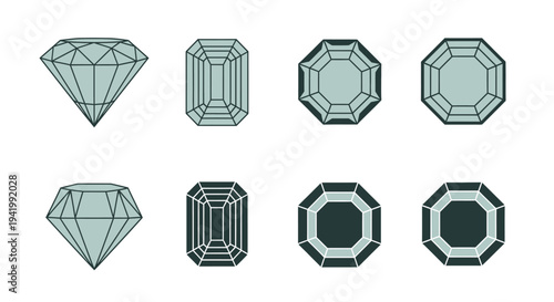 Various gemstone cuts displayed in a minimalist graphic silhouette