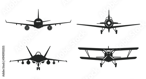 Four aircraft designs presented as stark black silhouettes