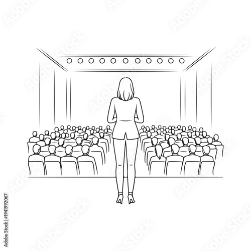 Speaker standing on platform facing symmetrical rows of audience in modern conference center hand drawn vector sketch illustration
