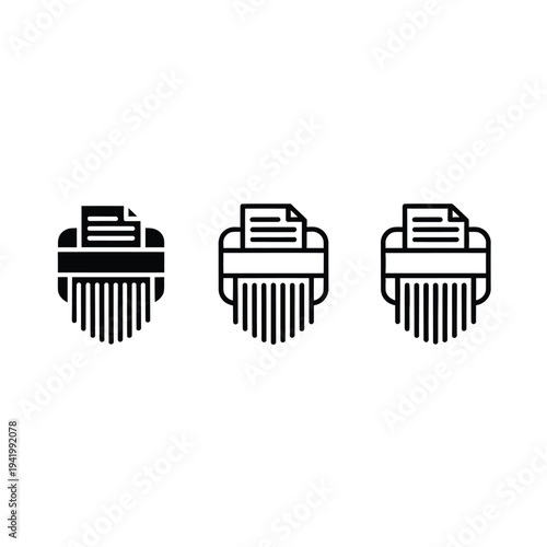 Three black line art icons depicting paper shredders in varying fill styles