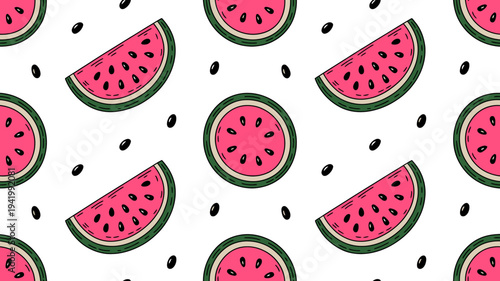 Seamless pattern of pink watermelon slices and black seeds a white background fruit